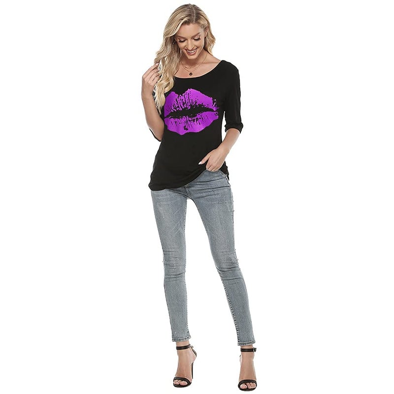 MAGICMK Women Casual Plus Size Lips Print Off Shoulder T-Shirt (L, Black+Purple) - Image 5